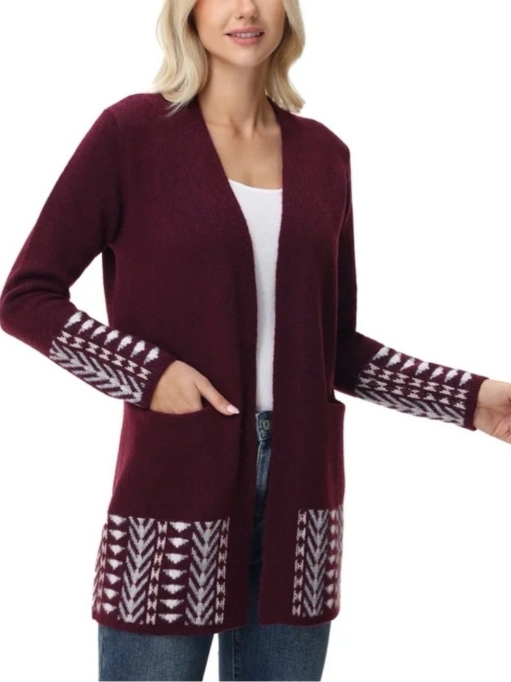 Frye Maroon Open-Front Long Sleeve Cardigan Sweater with Patterned Trim 2XL